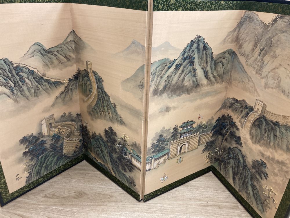 Two Chinese four fold painted paper screens, 94cm